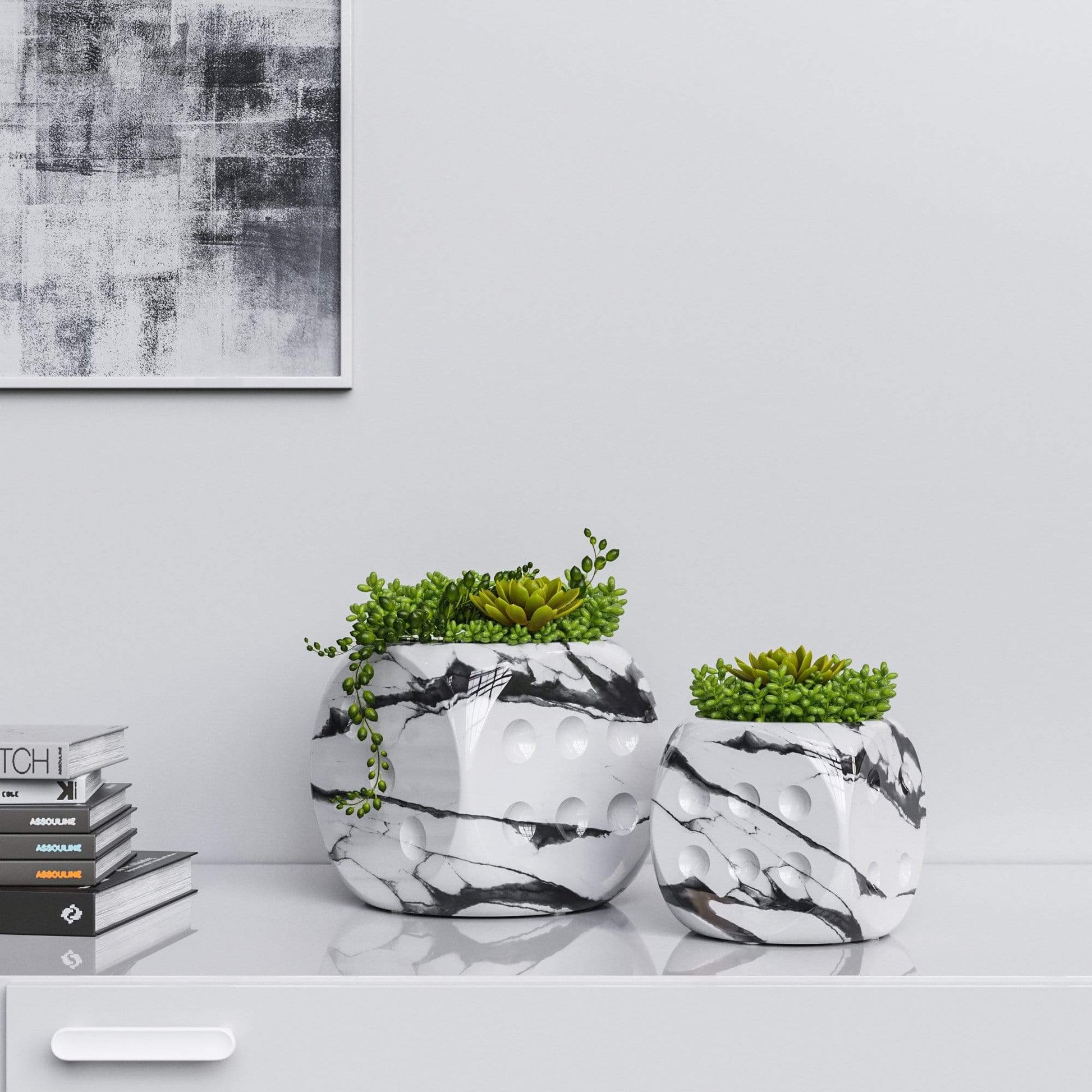 Ceramic Dice & Plants Set - White Marbles - Synchrony Art INC