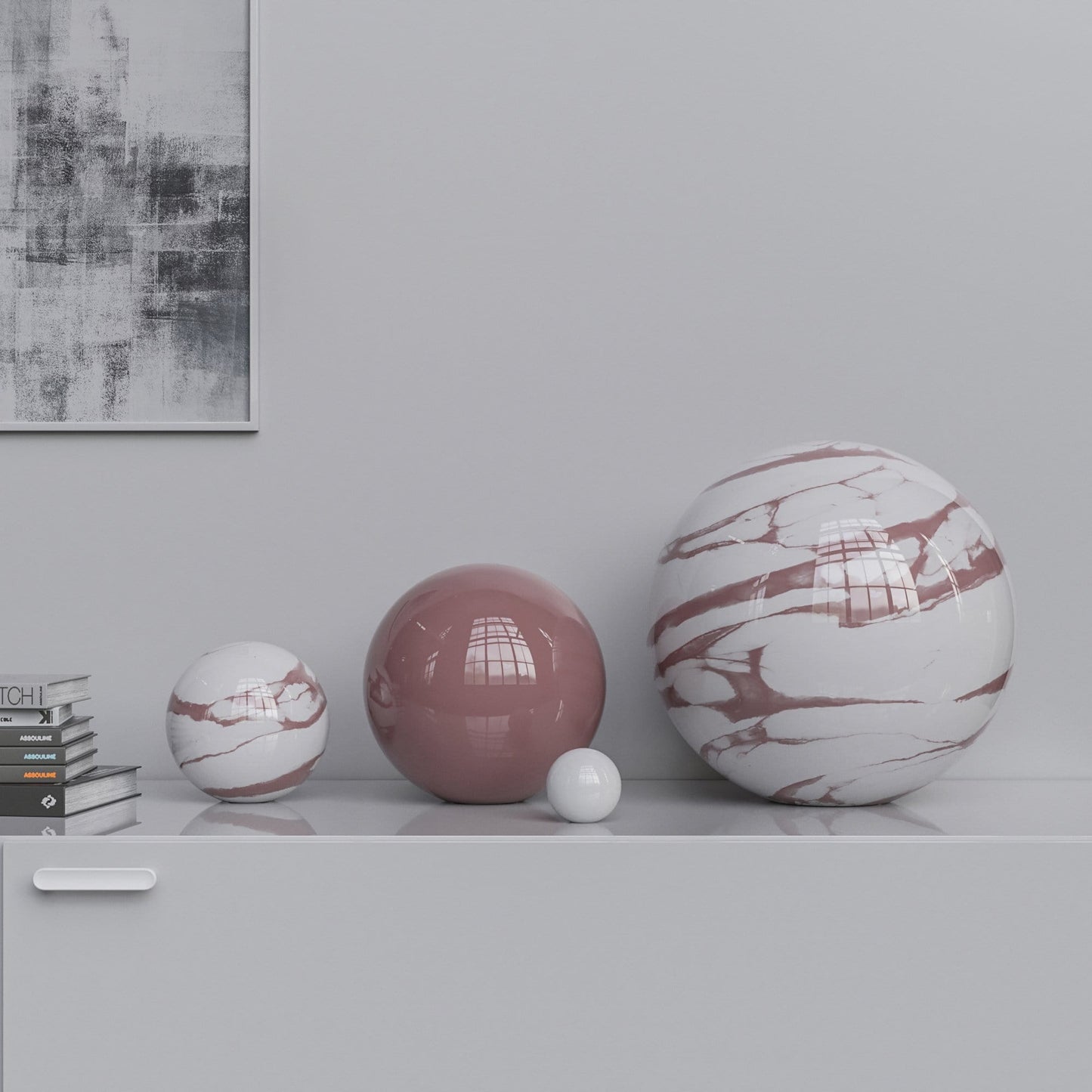 Ceramic Sphere Four Pieces Set - Plain & Marbles - Synchrony Art INC