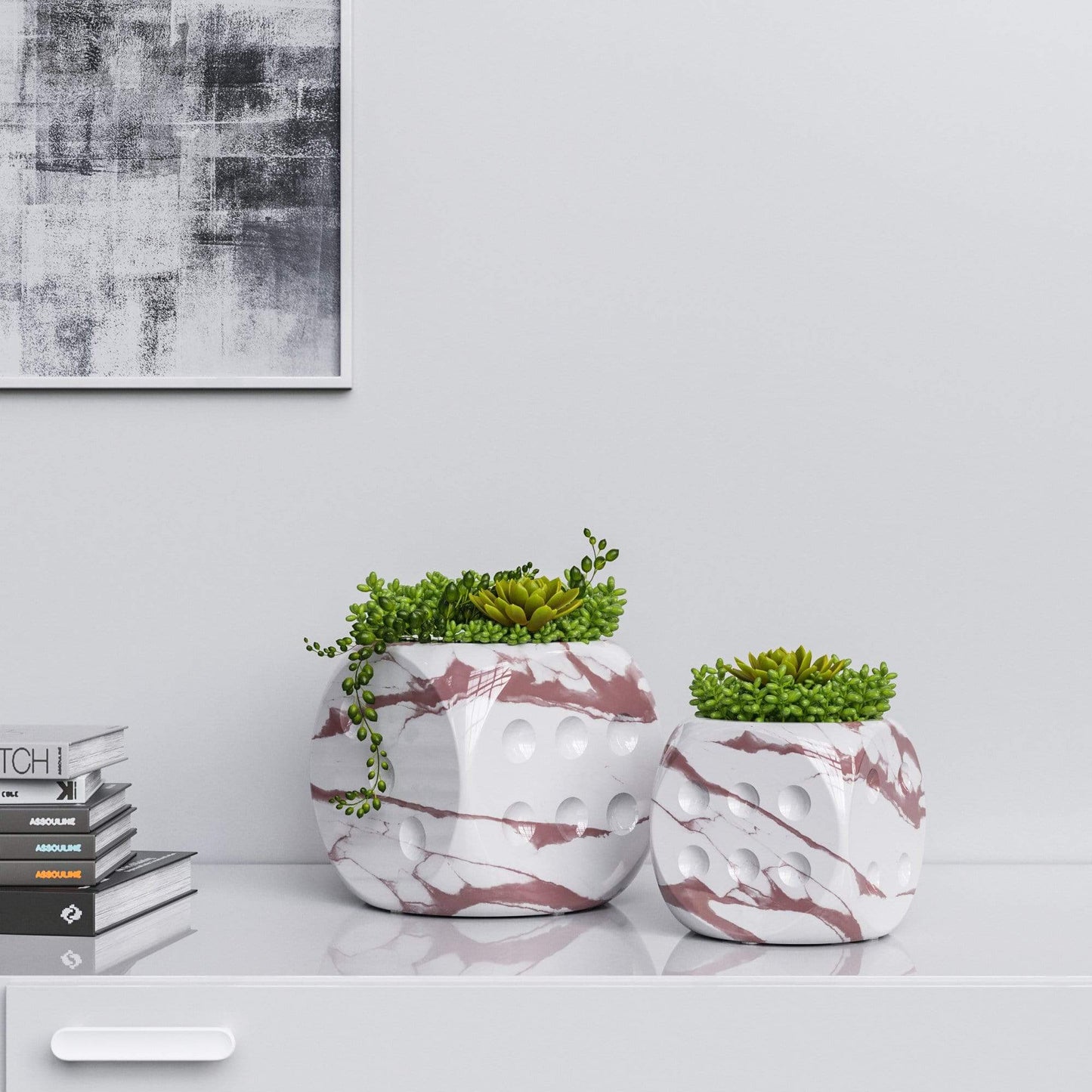 Ceramic Dice & Plants Set - White Marbles - Synchrony Art INC