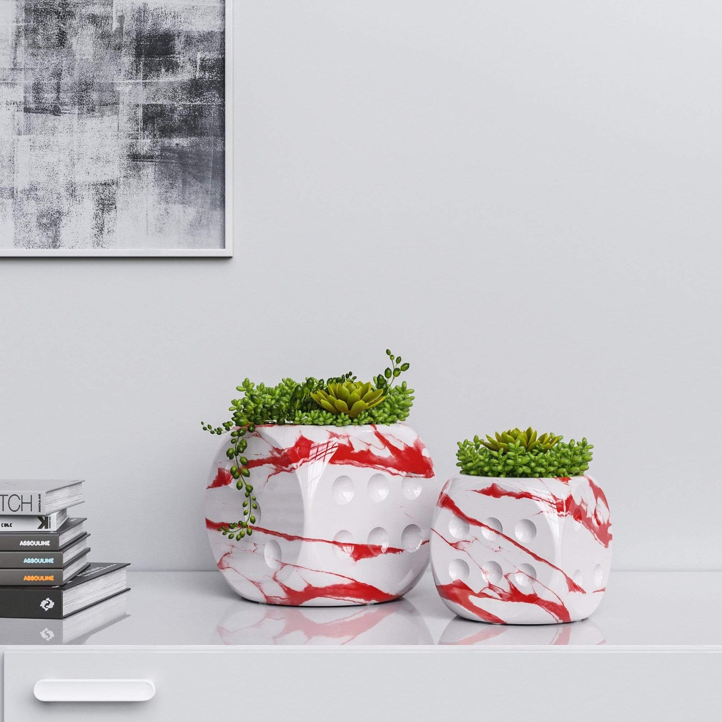 Ceramic Dice & Plants Set - White Marbles - Synchrony Art INC