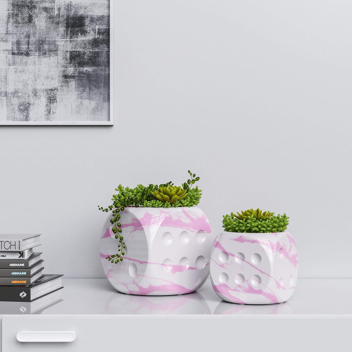 Ceramic Dice & Plants Set - White Marbles - Synchrony Art INC