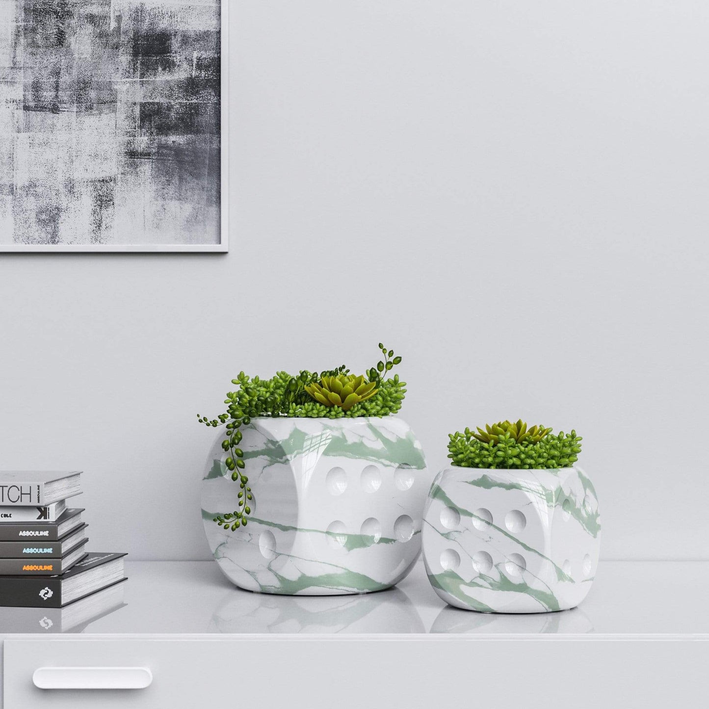 Ceramic Dice & Plants Set - White Marbles - Synchrony Art INC
