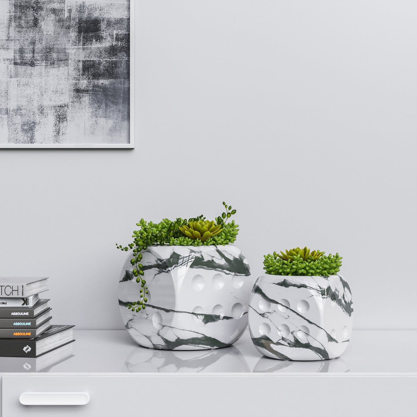 Ceramic Dice & Plants Set - White Marbles - Synchrony Art INC